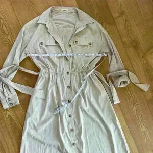 Essue brand dress size Large tan pinstriped dress, button down detail